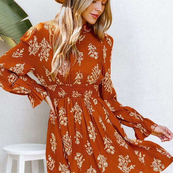 Cupshe Floral Mini Dress in Rust Orange - Picture 1 of 6